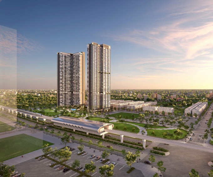 Phối cảnh tổng thể của dự án Masteri Grand Avenue với bộ đôi tòa tháp The Sunset và The Sunrise. Ảnh: Masterise Homes